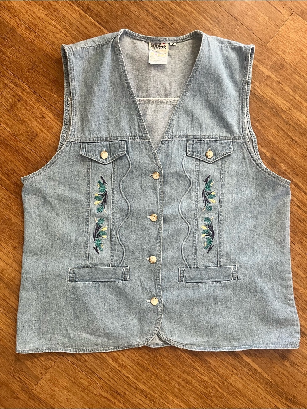 VTG Elle Sport Denim Vest Sz 14 Embroidered Floral Denim Cottagecore